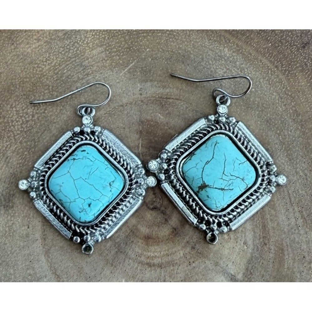 Vintage Turquoise Earrings Dangle Drop Silver Crystal Boho Southwest Western